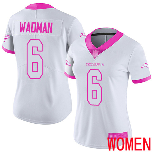 Women Denver Broncos #6 Colby Wadman Limited White Pink Rush Fashion Football NFL Jersey